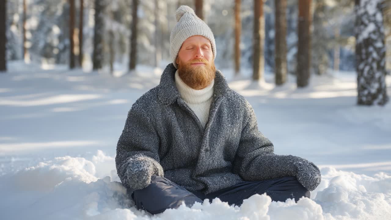 A Peaceful Moment in Nature: A Bearded Man Meditates in a Snowy Forest, Embracing Tranquility Amidst Beautiful Winter Scenery