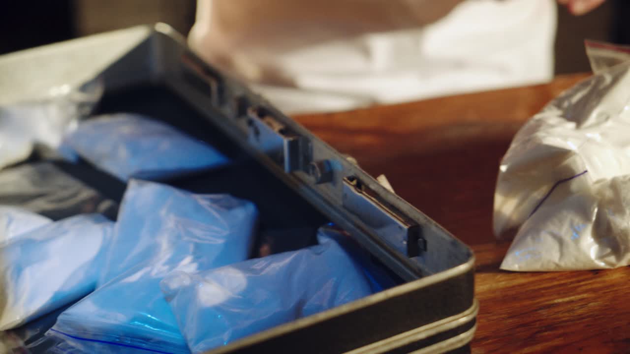 drug dealer is packing drugs into suitcase. Close-up. Abuse of drugs. Criminal Business