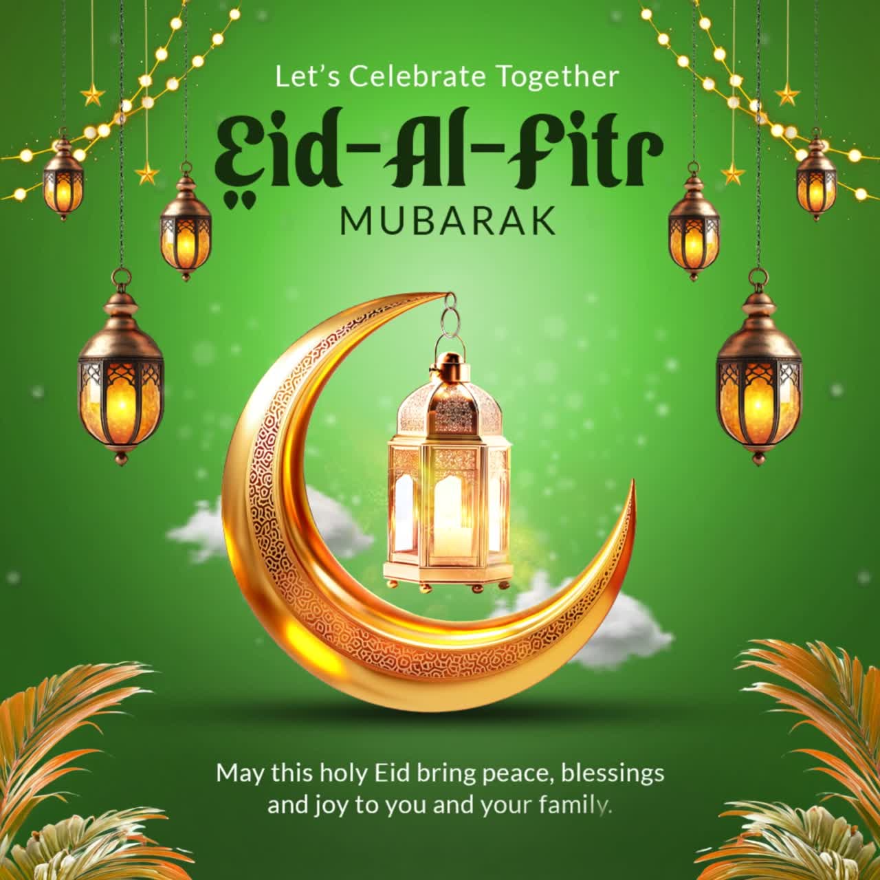 Luna crescente dorata con lanterna pendente luminosa tra luci festive che augurano Eid Al Fitr Mubarak su un vibrante sfondo verde di celebrazione.