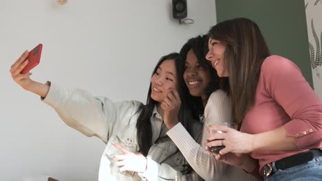 smiling diverse friends taking selfie at home during weekend party