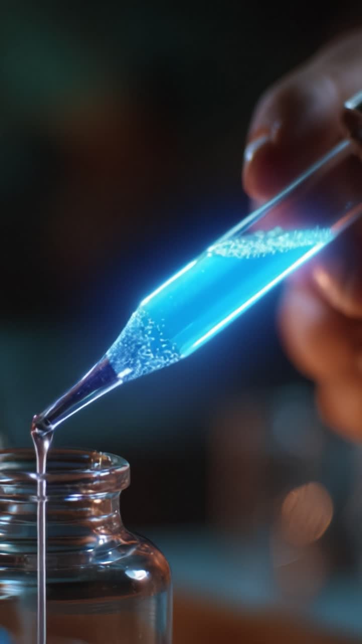Close-Up of a Hand Using a Pipette to Transfer a Blue Liquid into a Glass Bottle, Highlighting the Science of Chemistry and Precise Liquid Measurement Techniques