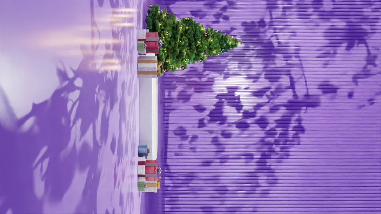 árbol de navidad con adornos y regalos envueltos en un piso verde contra un fondo púrpura