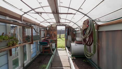 greenhouse interior with tools, hoses, and plants, featuring a bright natural ambiance