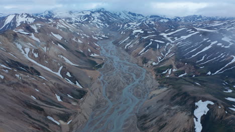 Aerial-view-of-spectacular-panorama-of-Thorsmork-valley,-glacier-wild-highlands-in-Iceland.-High-angle-view-of-Krossa-river-flowing-in-snowy-icelandic-Porsmork-countryside.-Winter-panorama