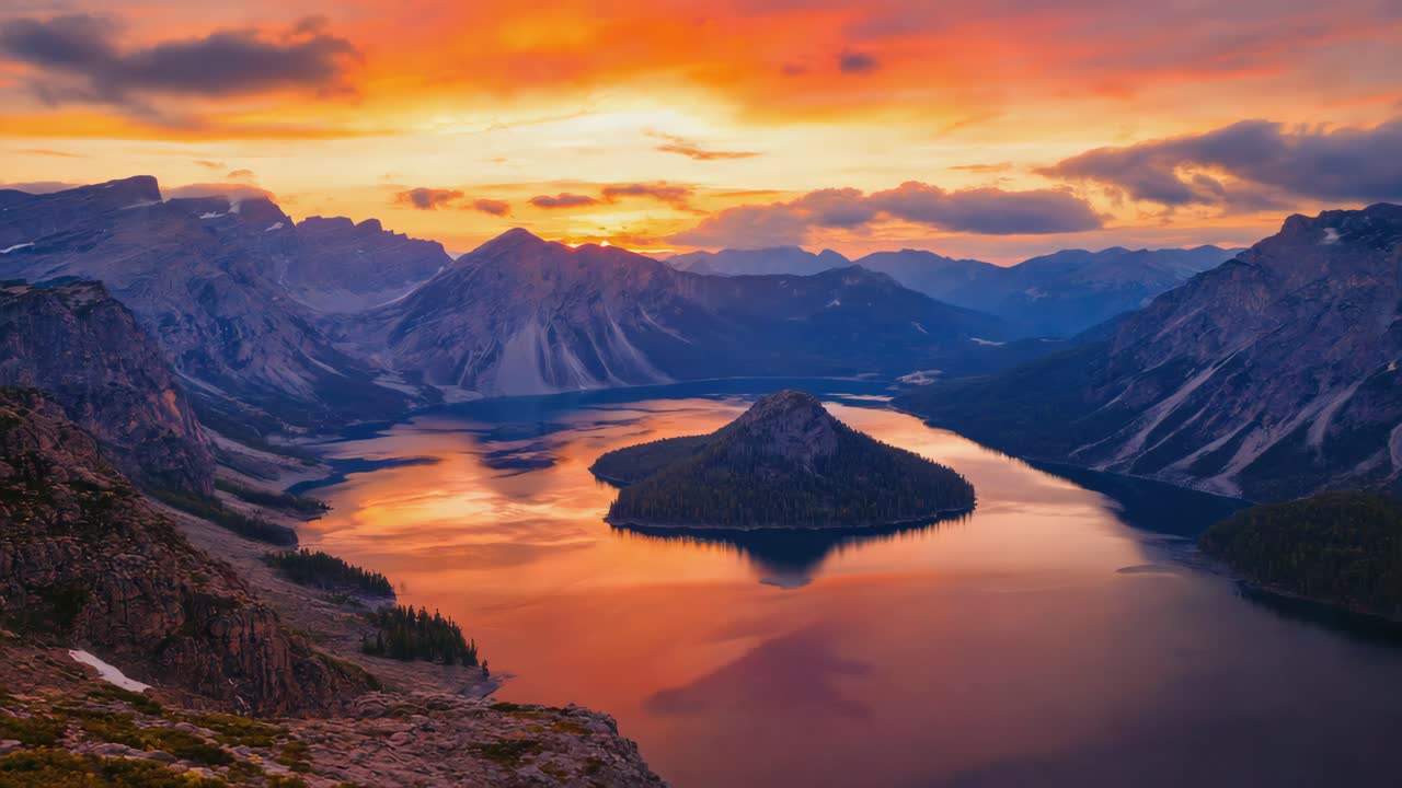 Majestic mountain lake at sunset
