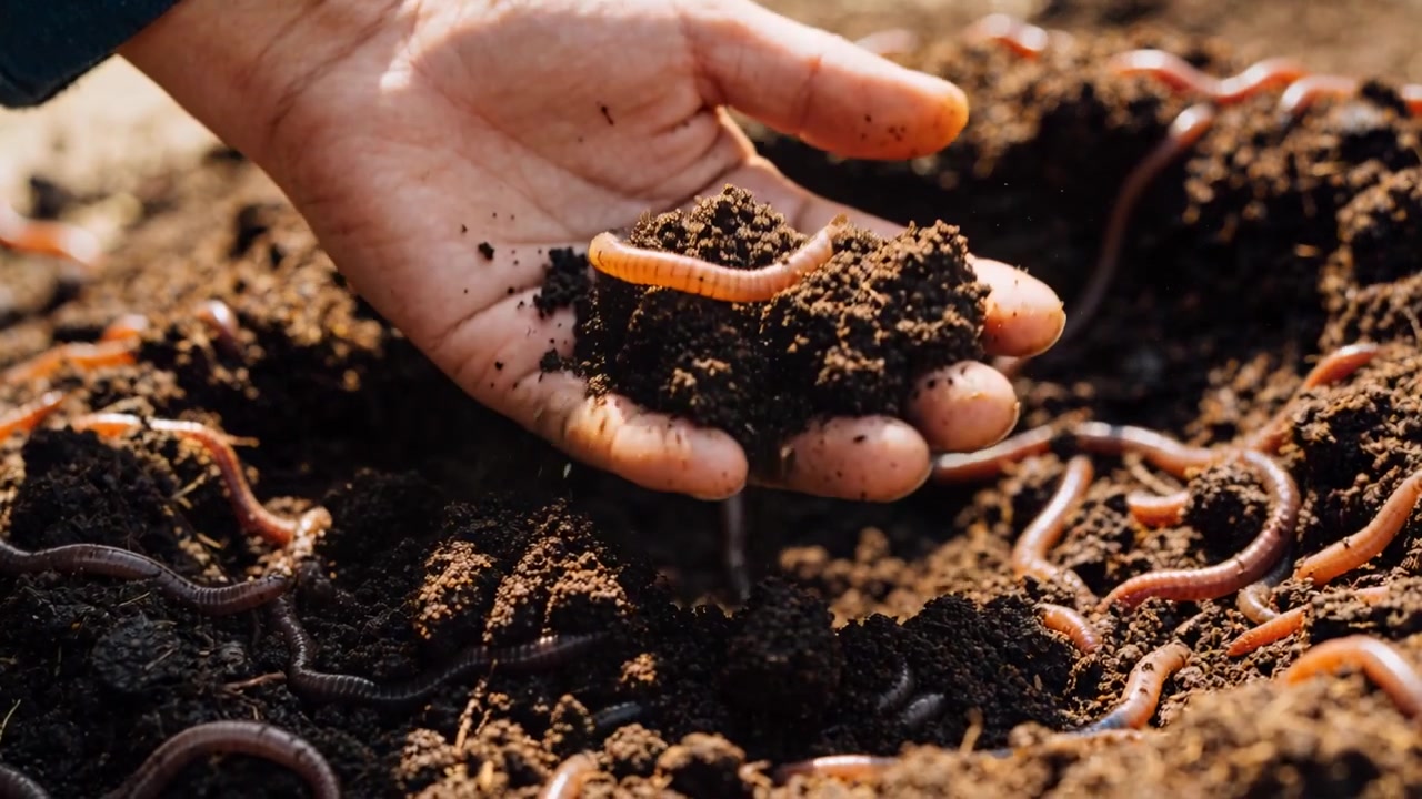 Allungando la mano destra nuda in un cumulo di compost, indossando una manica scura, sollevando e ispezionando lombrichi.