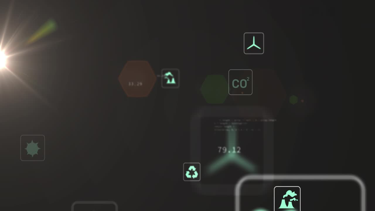 Lens flare sweeping left starting teal cluster drifting scaling shifting and updating eco metrics