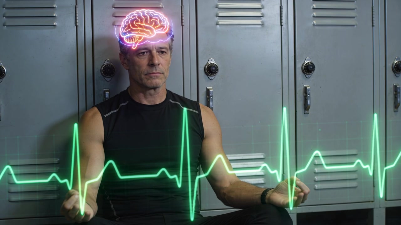 Homem meditando de regata, respirando nos armários da academia, cérebro de néon brilhando, gerando um ECG pulsante.