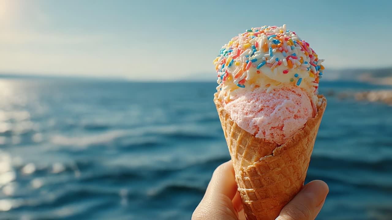 Kleurrijk ijshoorntje met sprinkles vastgehouden boven een sprankelend uitzicht op de oceaan op een heldere zonnige dag, perfect voor zomerse lekkernijen en ontspanning aan het water.