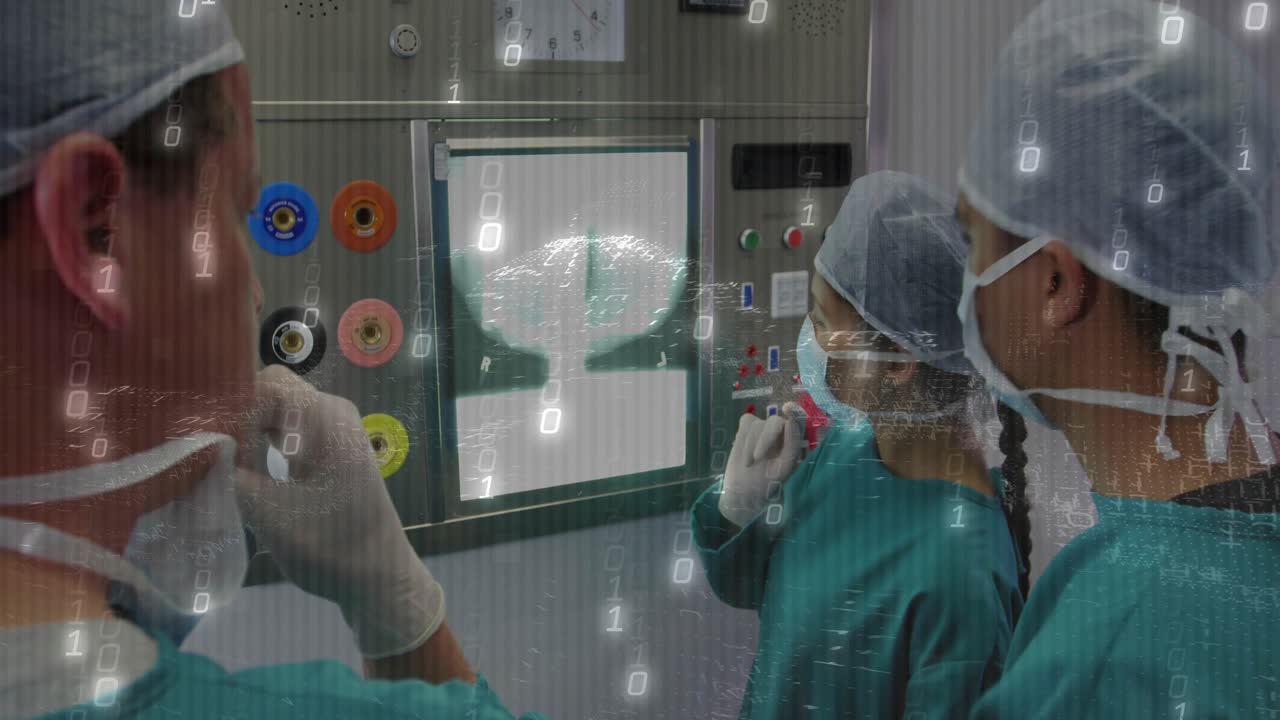 Equipo médico examinando visor de rayos X quirúrgico cerca de tomas de gas, mostrando superposición de fallo binario