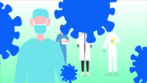 Covid-19-cell-icons-over-health-workers-wearing-face-masks-against-green-background