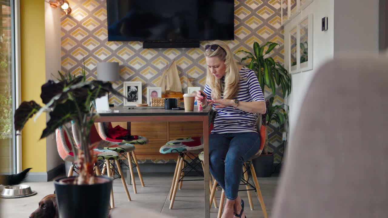 A woman sitting at a table in a living room