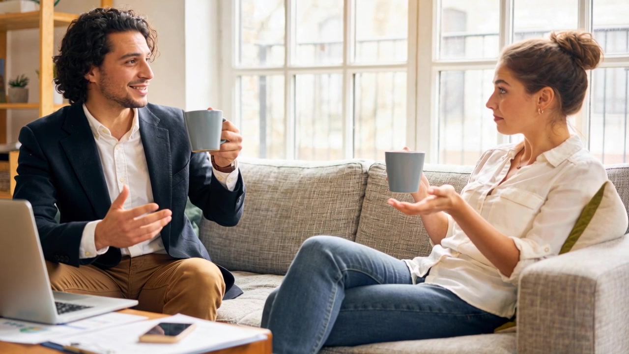 Homem de blazer e mulher de blusa conversando na sala de estar, tomando o primeiro gole, segurando canecas