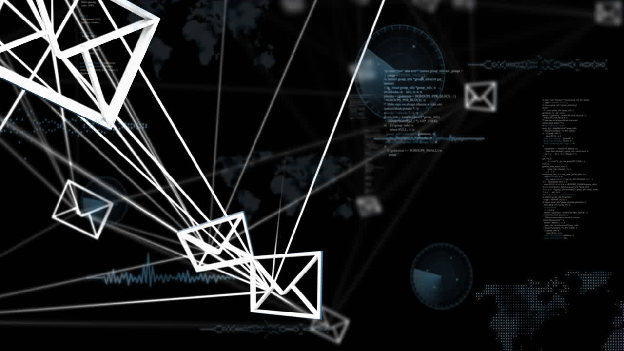 animación de comunicación por correo electrónico y transferencia de datos a través del mapa del mundo y la interfaz digital