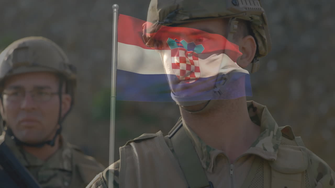 With Croatian flag animation, soldiers in uniform standing together in formation