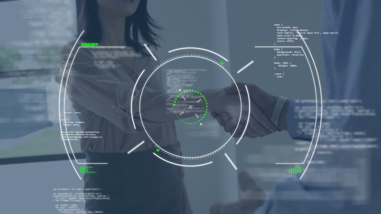procesamiento de datos y escaneo de alcance sobre hombre de negocios y mujer de negocios estrechando la mano en la oficina
