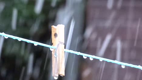 close up of snow falling past a solitary peg on a washing line