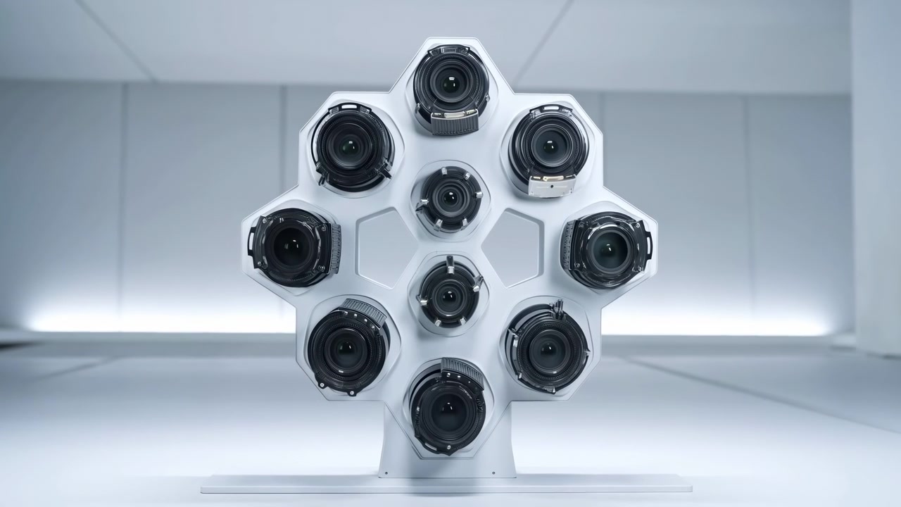 Centered array of camera lenses fills more of frame during gentle forward movement, with dark circular optics contrasted by white sculptural mount, soft cool light, and minimal room.