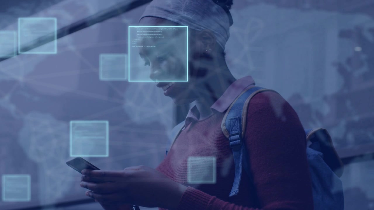 Woman student tapping phone by glass sparking binary UI panels floating around phone fetching data