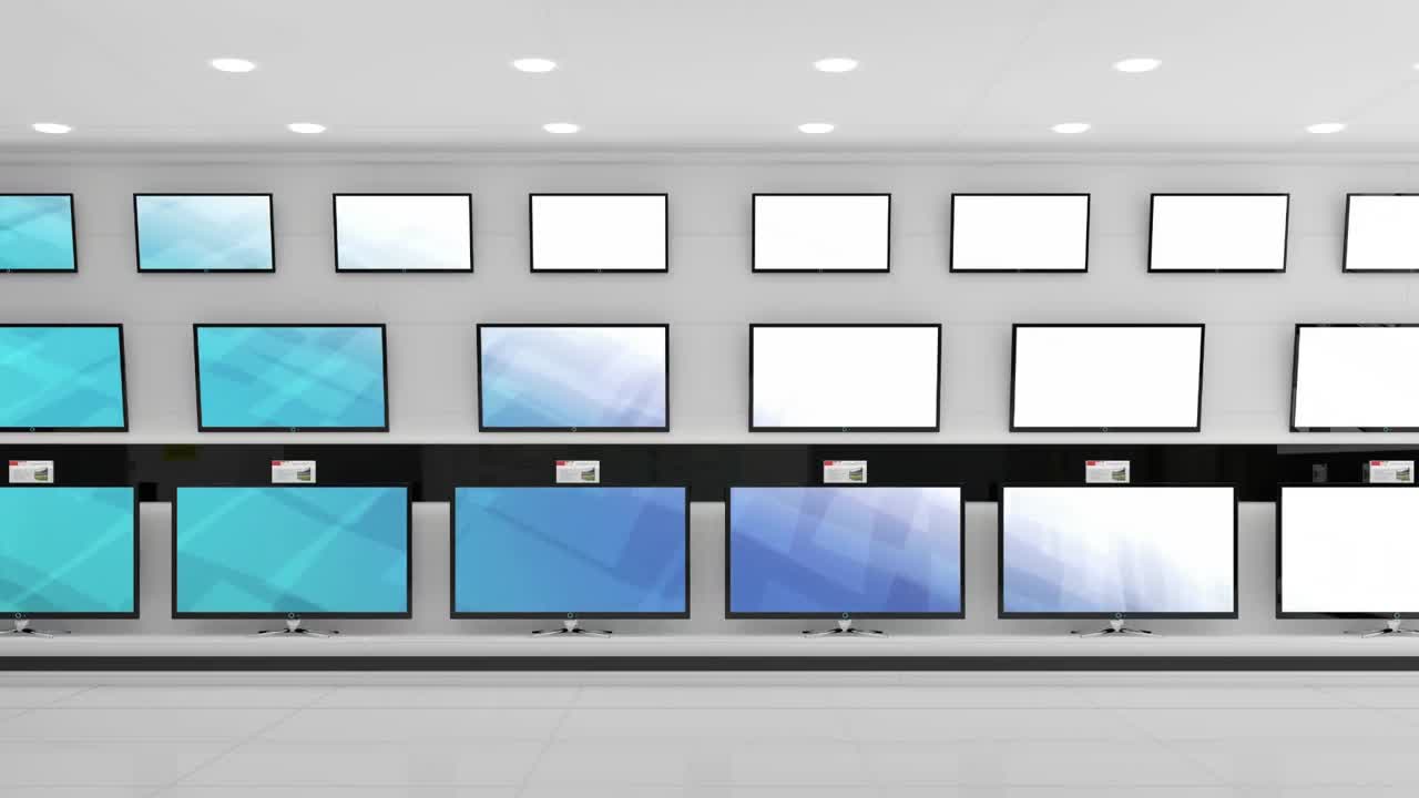 복사 공간과 함께 반 ⁇ 이는 화면과 함께 상점에 있는 텔레비전 세트의 행의 애니메이션