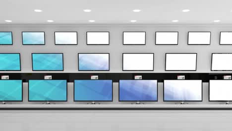 Animation-of-rows-of-television-sets-in-store-with-glowing-screens-with-copy-space