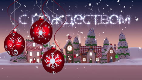 christmas ornaments with snowflakes over snowy village and cyrillic text animation