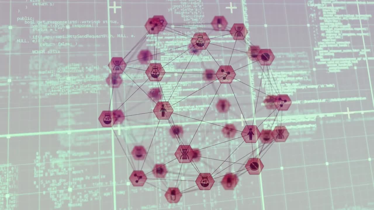 Animation of data processing, network of connections with icons globe and grid