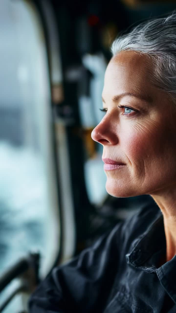 Focused Maritime Professional Gazing Out of the Window, Capturing the Essence of Determination and Strength in a Stormy Ocean Environment