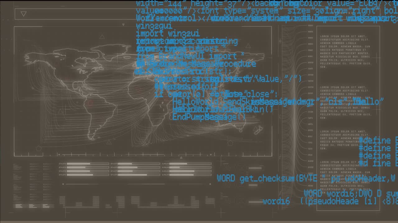 Digital interface with world map and data processing against grey background