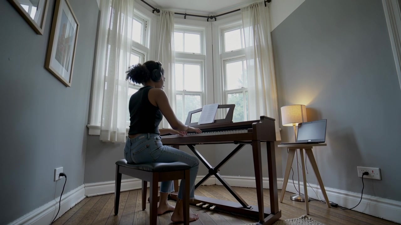 Playing pianist in sleeveless top and jeans at bay window, rehearsing sheet music on keyboard