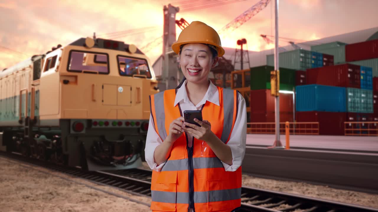 Asian Female Engineer With Safety Helmet Using Smartphone And Looking Around With Freight Cargo Train At Port