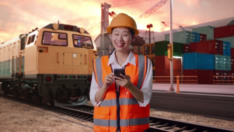 asian female engineer with safety helmet using smartphone and looking around with freight cargo train at port