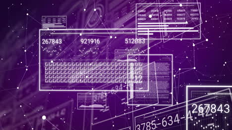 Digital-data-processing-animation-over-purple-background-with-keyboard-and-numbers