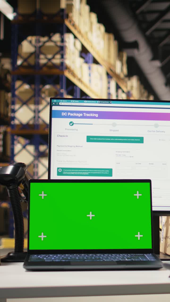 Vertical Video African american worker follows shipments with tracking info next to copy space