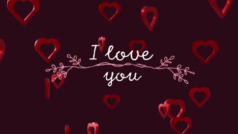 animation of i love you text over red hearts on black background