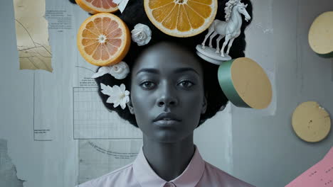 surreal portrait of a woman with citrus fruit and horse headdress