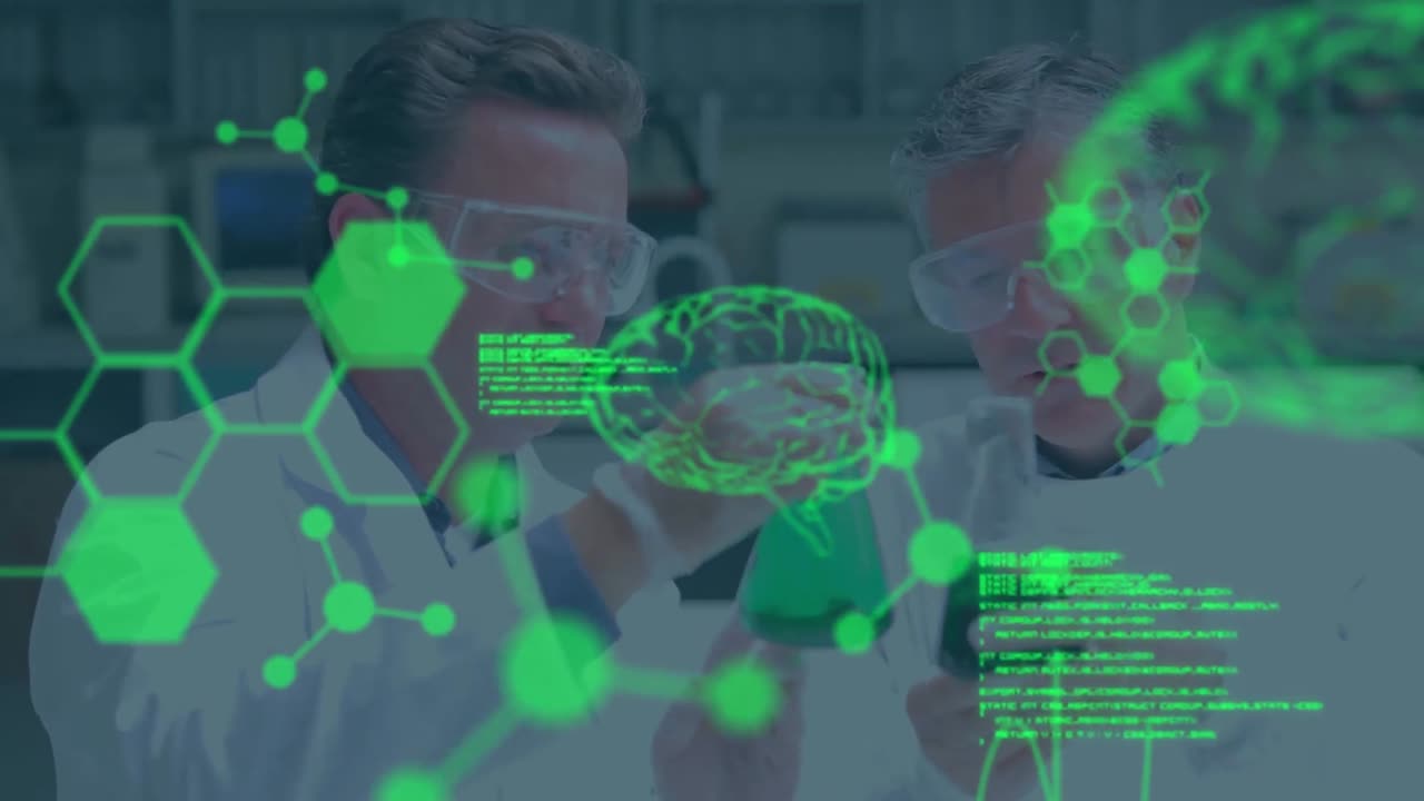 Animation of data processing over caucasian male scientists
