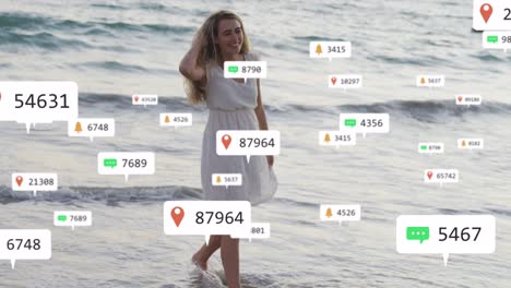 animación de notificaciones en las redes sociales sobre una mujer sonriente en vacaciones remando en el mar