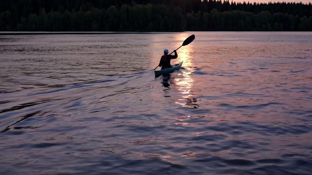 A serene video of a kayaker paddling on a calm lake at sunset, captured from a low angle