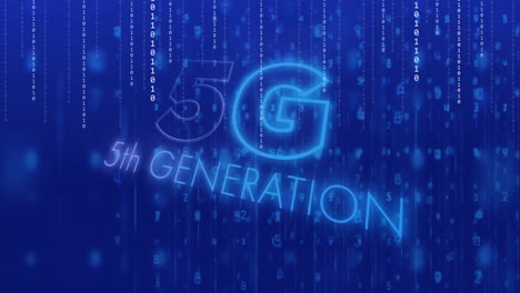 animation of 5g text and data processing over blue background