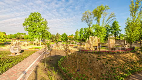 wooden playground equipment in an ecopark at daytime