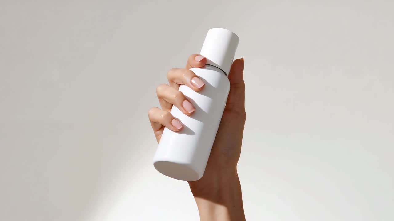 Entering frame female hand pivoting white bottle anticlockwise on beige studio wall, showcasing cap