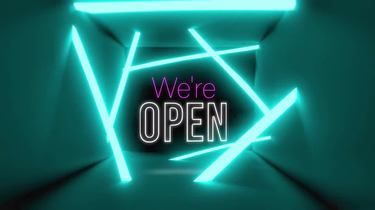 Animation of we're open text over neon pattern on green background