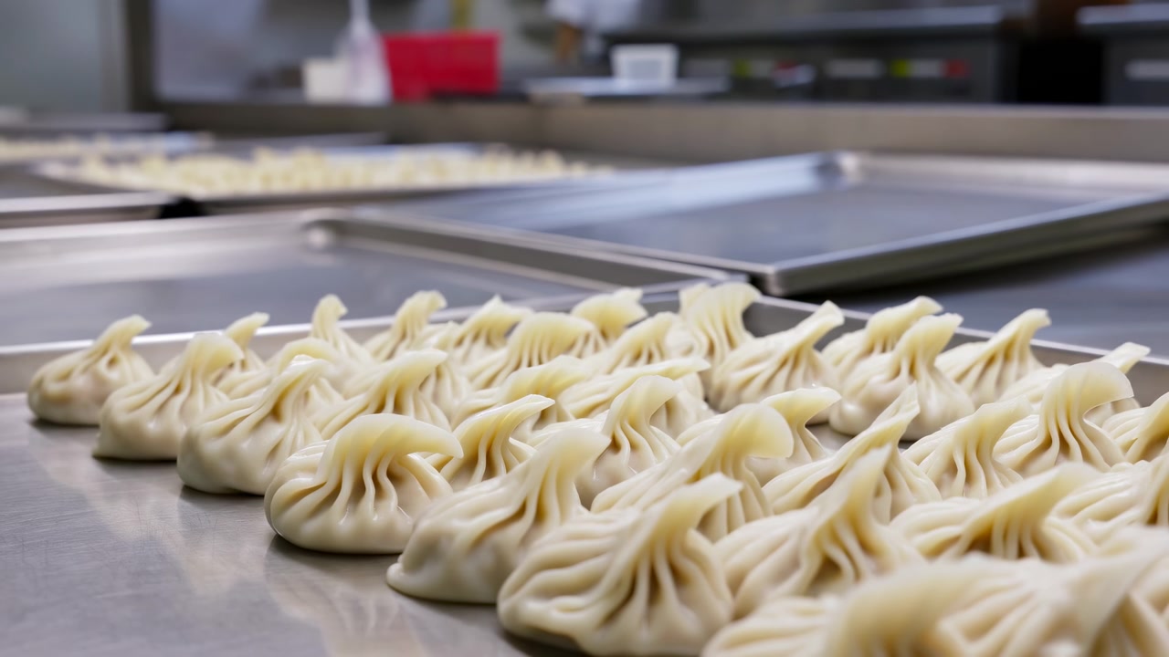 Shallow depth close-up of neatly arranged uncooked folded dumplings on a stainless steel tray in a commercial kitchen. Pleated dough surfaces show smooth