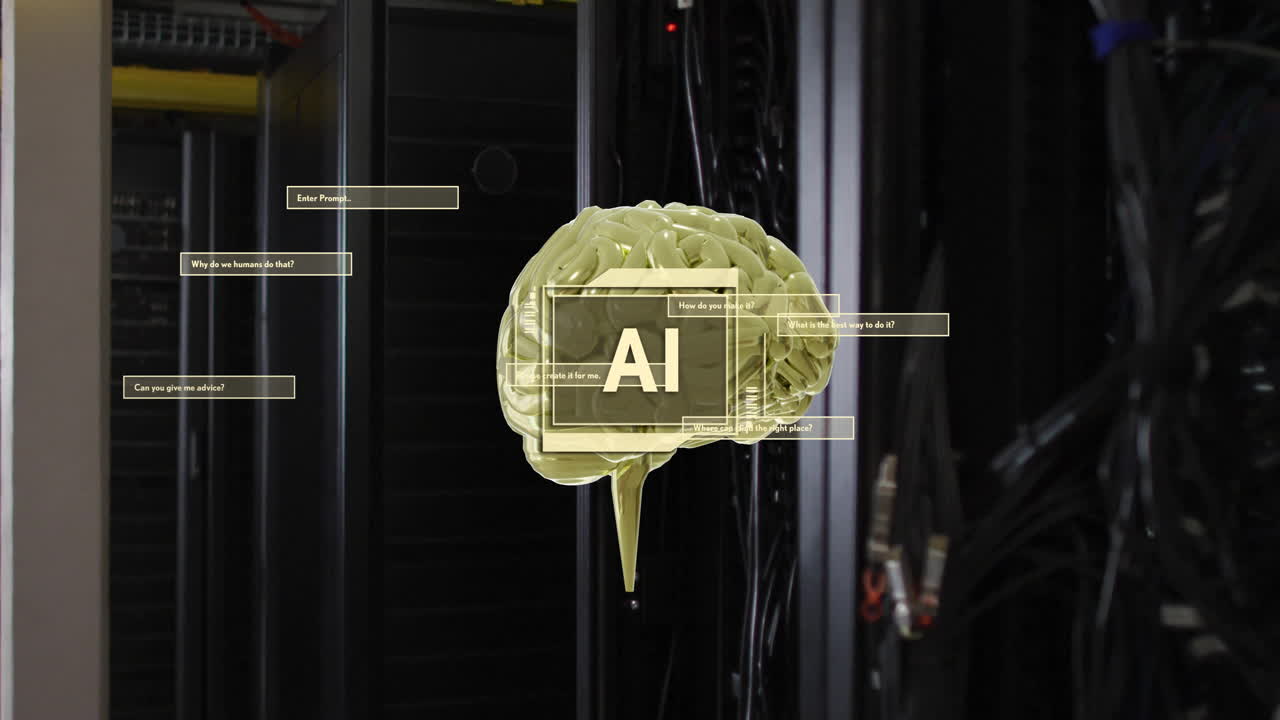 animación de texto ai en el escáner con cajas de diálogo de cerebro e interfaz en la habitación del servidor oscuro