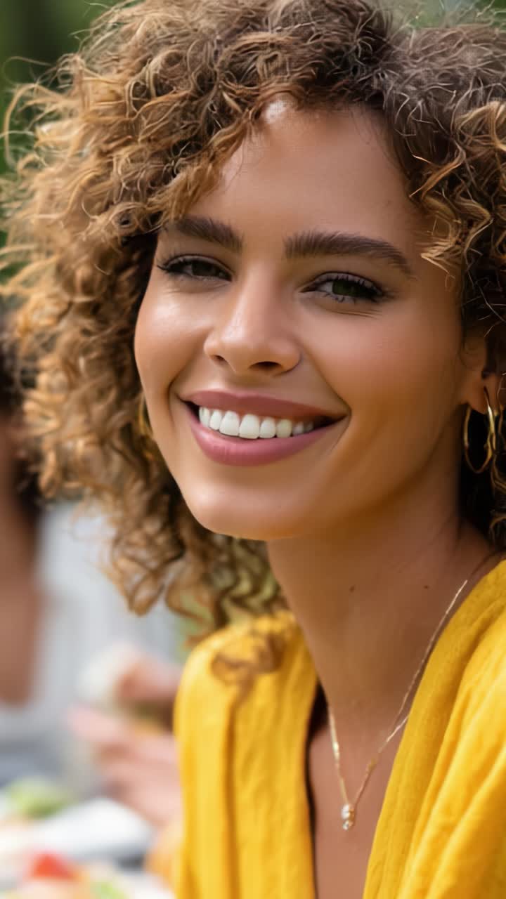 Radiant Smiles: A Woman with Curly Hair Wearing a Yellow Top Enjoying a Joyful Outdoor Gathering with Friends in a Lush Green Setting