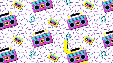 Animation-of-retro-tape-deck-and-cassettes-with-yellow-squiggles-purple-lines-moving-on-white