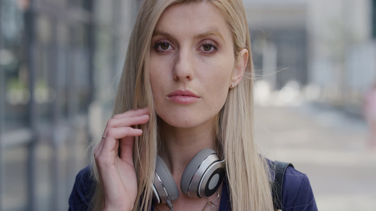 초상화 매력적인 젊은 금발 여성 머리카락을 통해 손을 달리고 심각하게 보이는 자신감있는 여성 전문 도시 야외 속도 느린 여성 아름다움