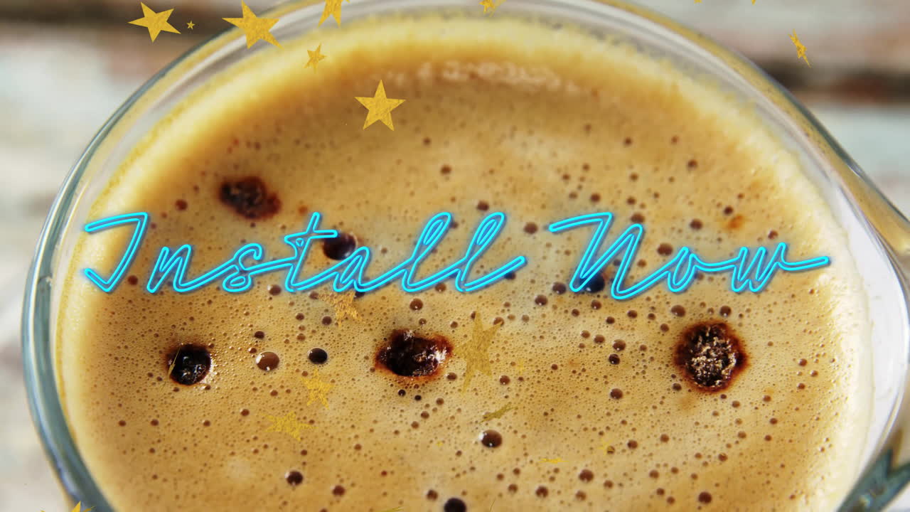 3D render showcasing glass coffee cup with frothy crema, espresso spots, neon Install Now overlay