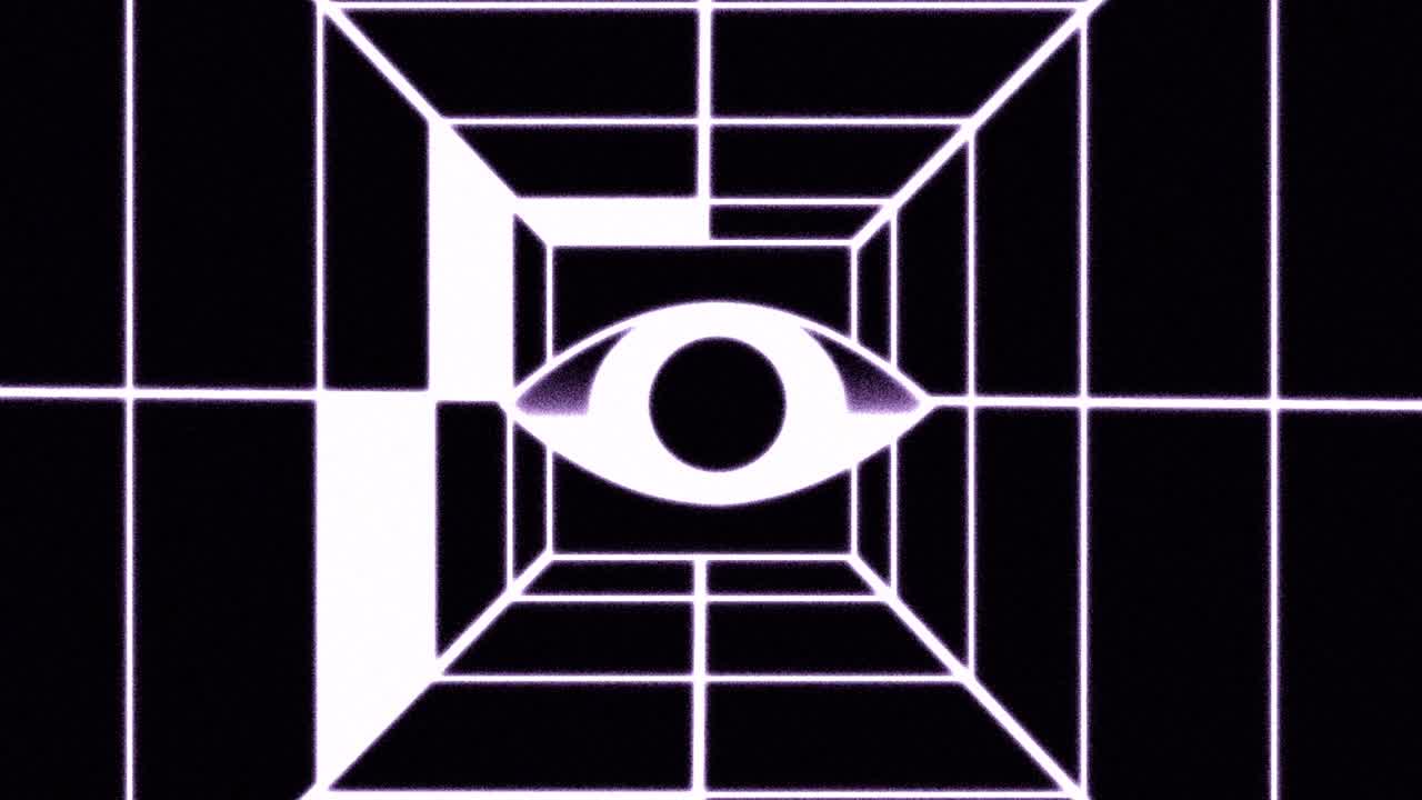 fondo de animación abstracta con vuelo en túnel futurista abstracto con luz de neón y ojo. diseño de movimiento 4k. túnel animado en blanco y negro. animación de bucle